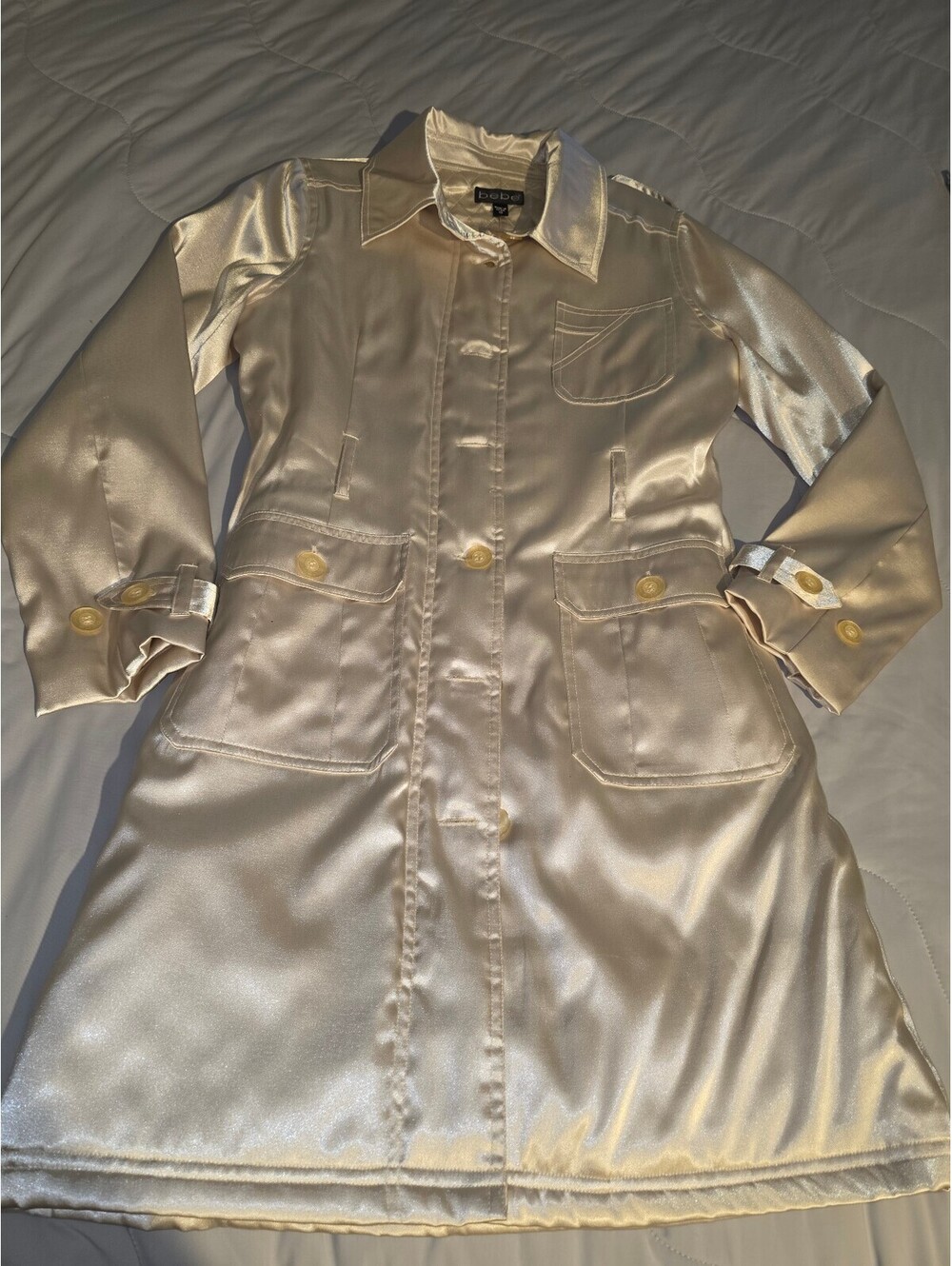 Bebe Women's White Satin Looking Trench Coat XS - missing belt and tiny stain